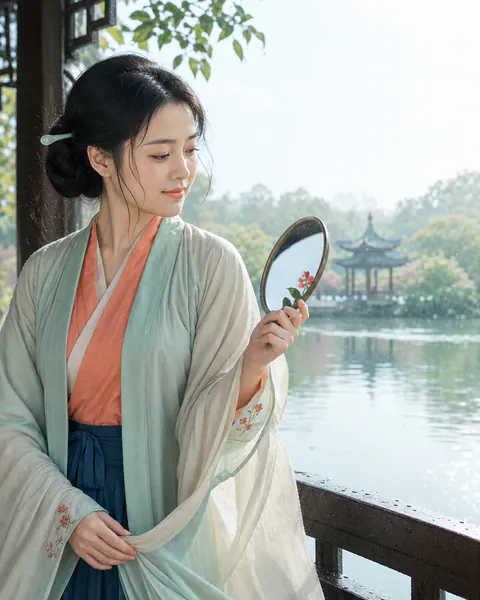 宋代李清照在闺阁铜镜前校对自己与倒影的东方彩绘历史编辑人像