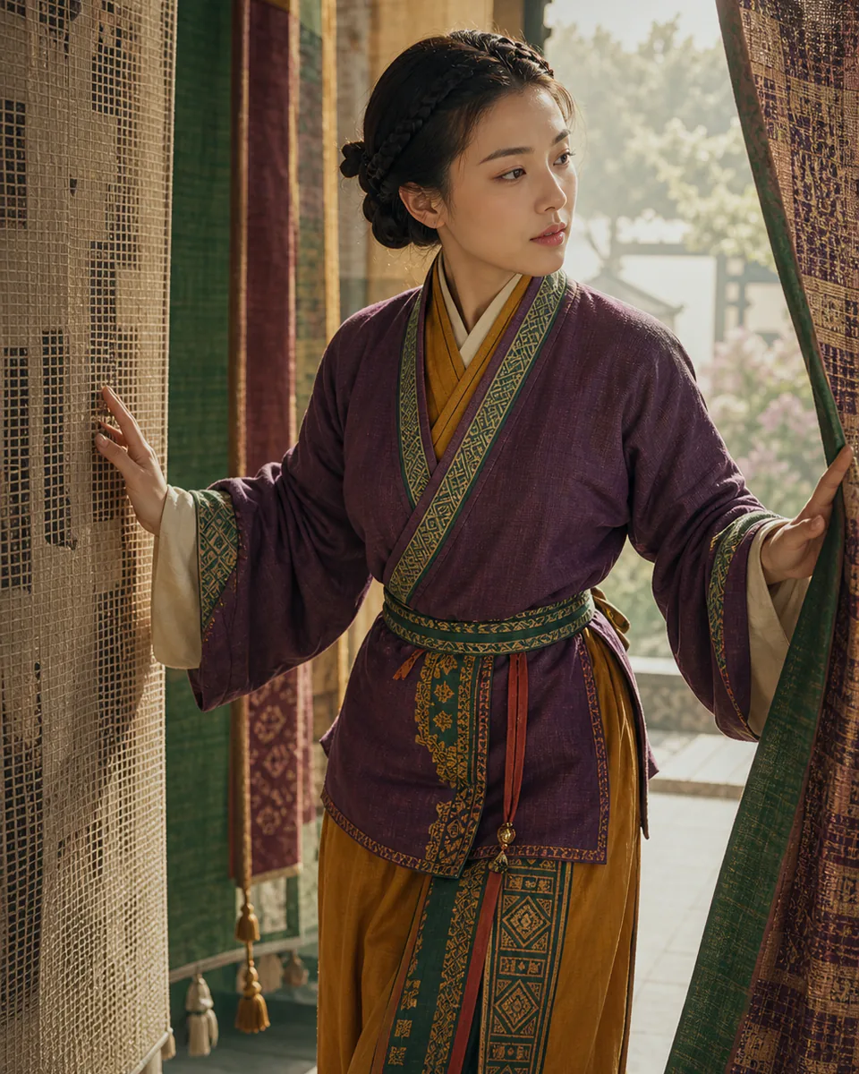 前秦苏蕙缓步穿行于织锦方格屏风之间的东方彩绘历史编辑人像