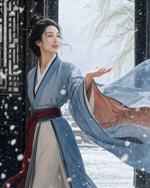东晋谢道韫在雪中庭院伸手接取飞雪的东方彩绘历史编辑人像