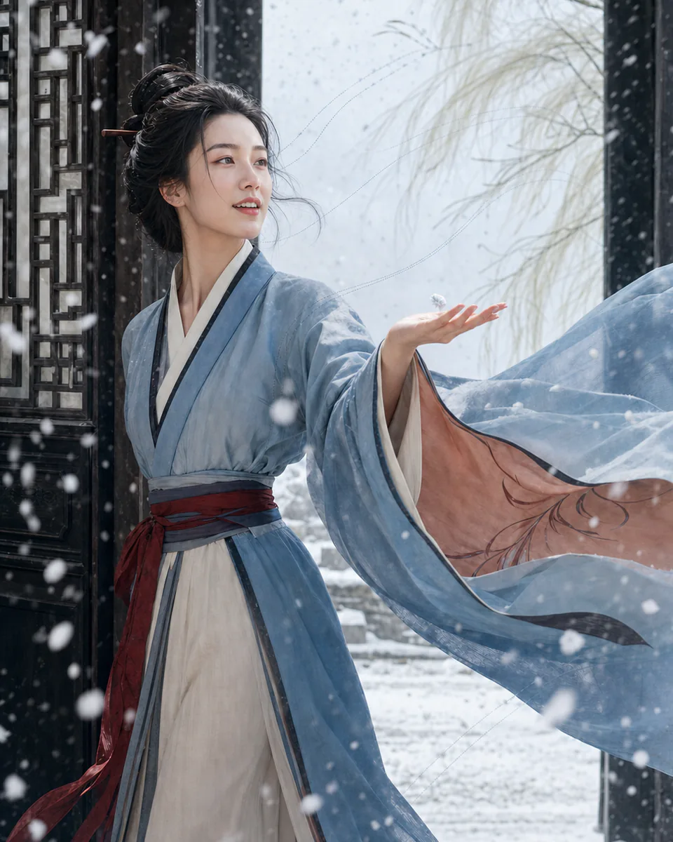 东晋谢道韫在雪中庭院伸手接取飞雪的东方彩绘历史编辑人像