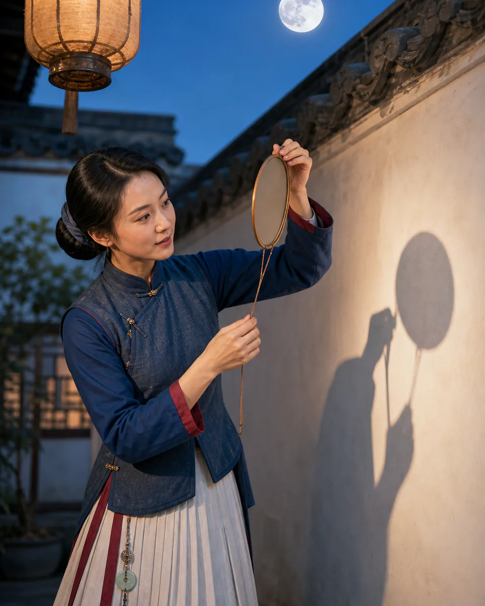 清代王贞仪在月夜实验台前转动圆屏验证光影的东方彩绘历史编辑人像