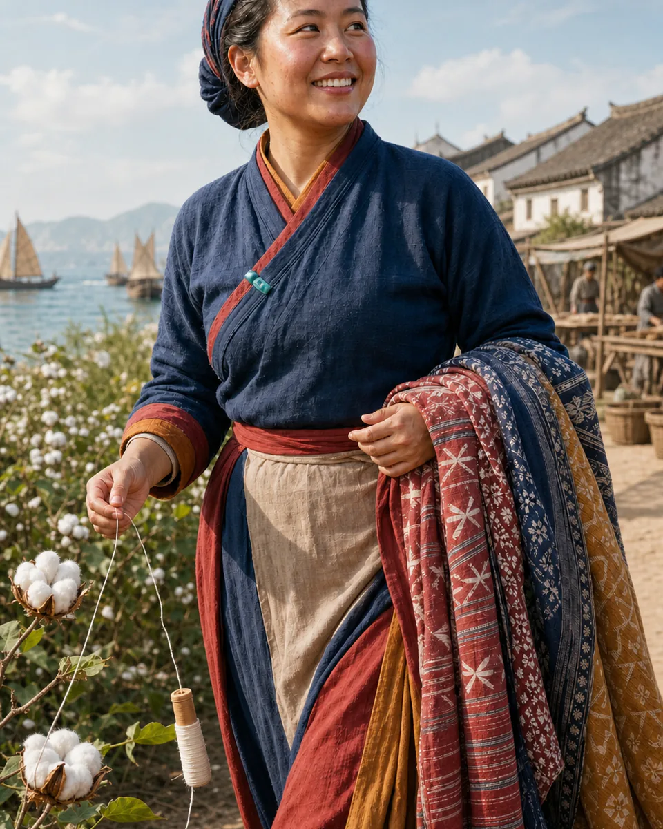 元代黄道婆在棉纺工坊穿梭理线、回望织机的东方彩绘历史编辑人像