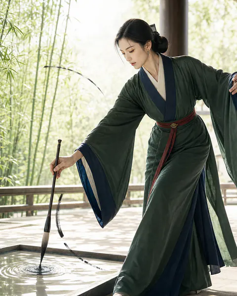 晋代卫铄（卫夫人）临水运笔、以波纹体会笔势的东方彩绘历史编辑人像