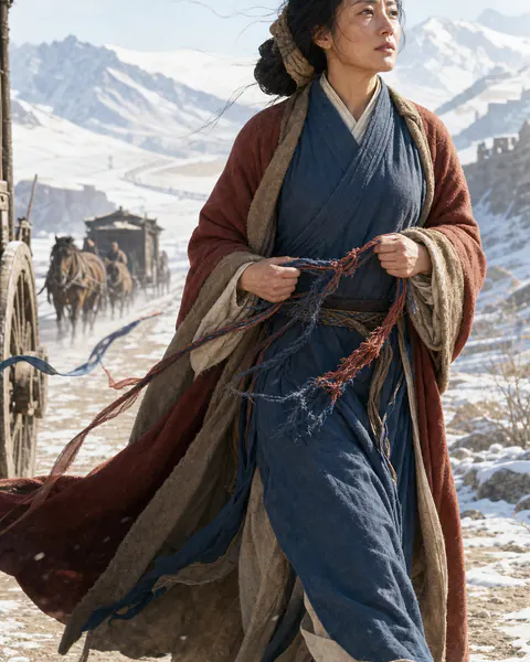 汉代蔡琰（蔡文姬）在明亮塞外途中缝合断裂织带的东方彩绘历史编辑人像