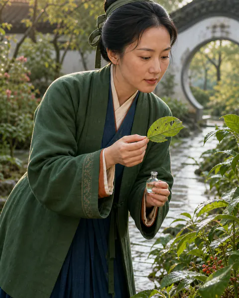 明代谈允贤在草木庭院中对光察看叶脉的东方彩绘历史编辑人像