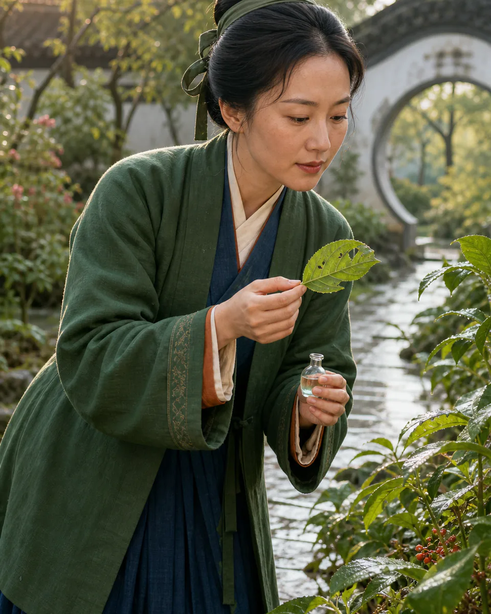 明代谈允贤在草木庭院中对光察看叶脉的东方彩绘历史编辑人像